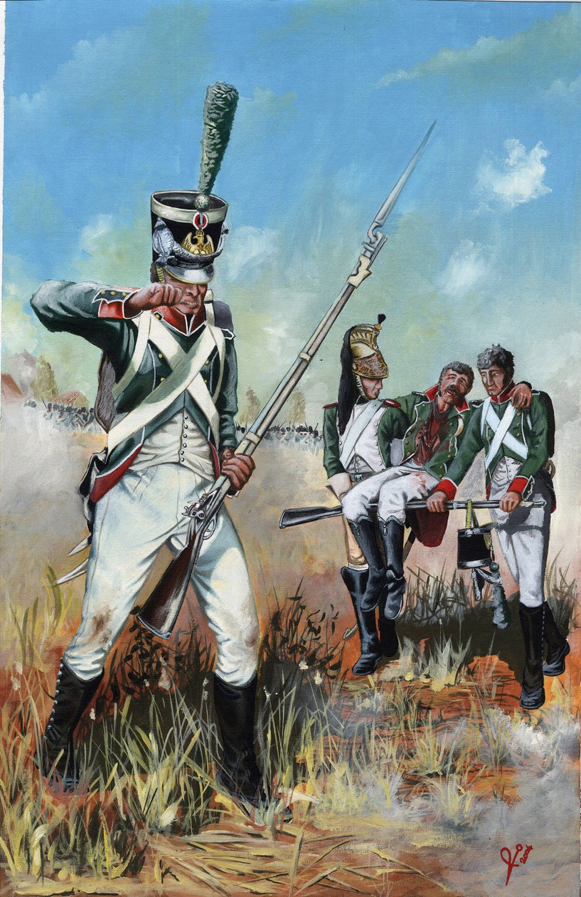 Primer Imperio (1804-1814 y 1815): soldados del gran ejército napoleónico en Italia para socorrer a un camarada herido. Dibujo de Alessandro Lonati de Alessandro Lonati