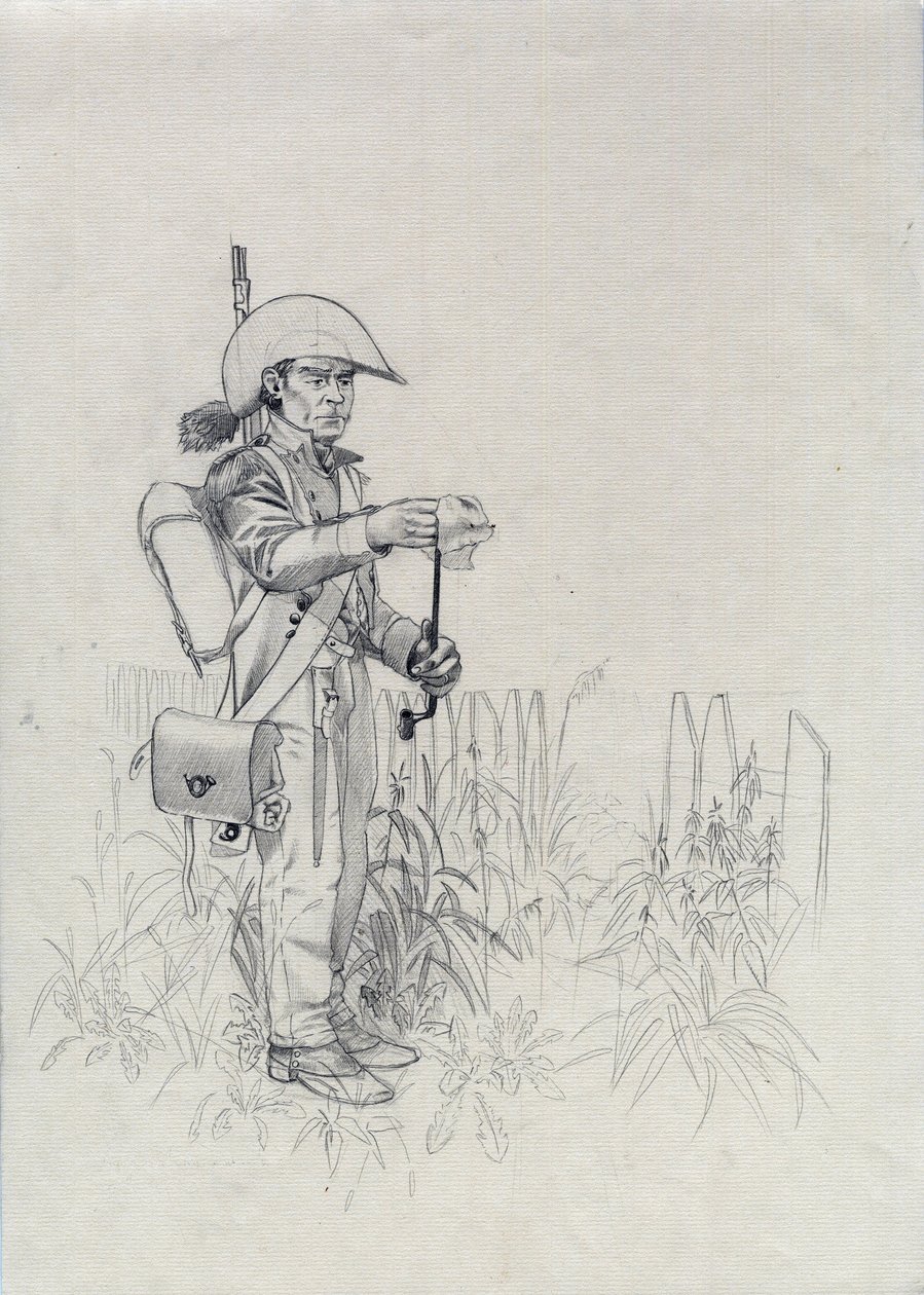 Primer Imperio (1804-1814 o 1815): soldado del ejército napoleónico, soldado de infantería cazador (infantryhunter). Dibujo de Alessandro Lonati de Alessandro Lonati