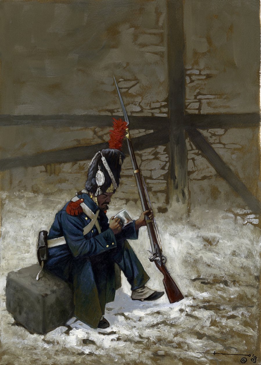 Primer Imperio: Granadero de la Guardia con abrigo sentado en la nieve. Dibujo de Alessandro Lonati de Alessandro Lonati