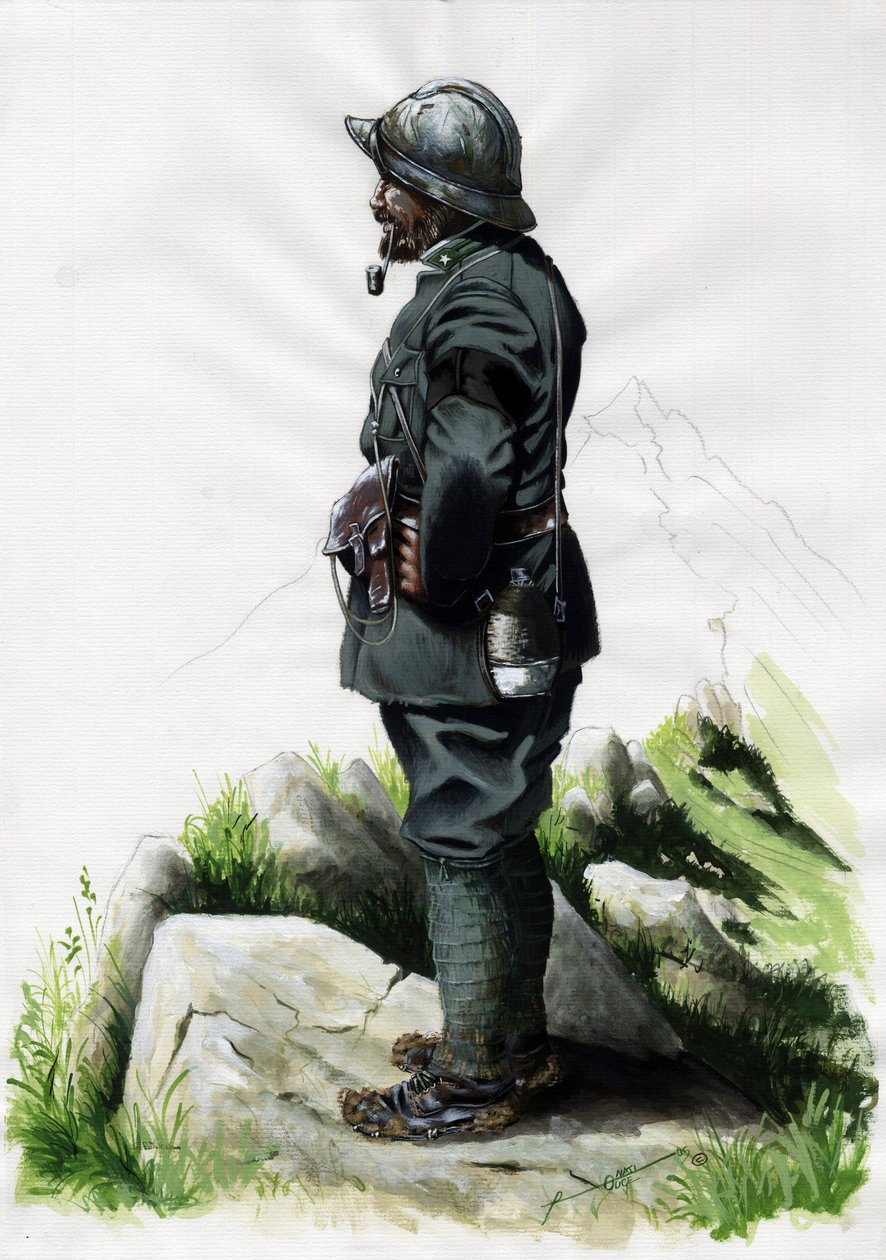 Primera Guerra Mundial 1914-1918: Oficial cazador alpino del ejército italiano en el Front des Alpes. Dibujo de Alessandro Lonati de Alessandro Lonati