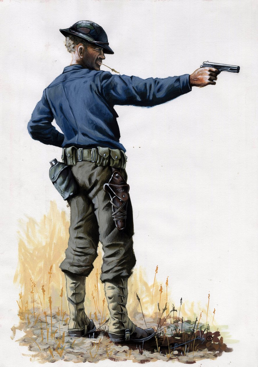 Primera Guerra Mundial 1914-1918: Soldado de infantería del ejército americano con una pistola en 1917 en el Frente Oeste. Dibujo de Alessandro Lonati de Alessandro Lonati