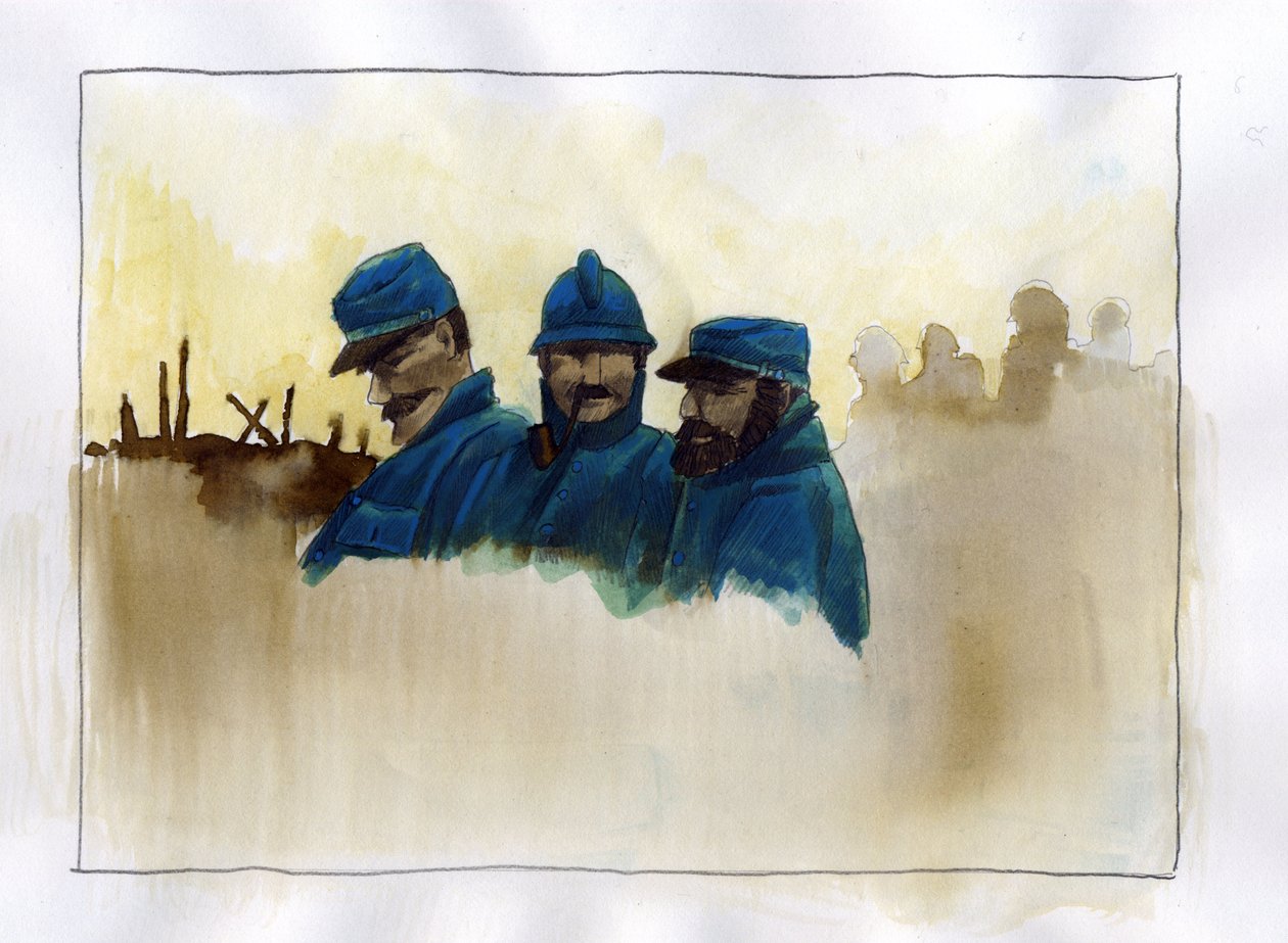 Primera Guerra Mundial: Soldados franceses durante la Primera Guerra Mundial Dibujo en color de Alessandro Lonati de Alessandro Lonati