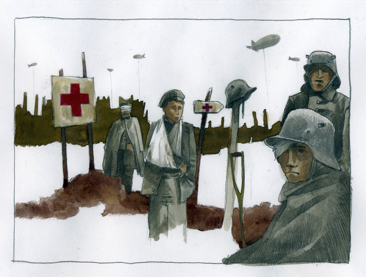 Primera Guerra Mundial: Gules cassees y heridos de guerra a cargo en el puesto de socorro de la Cruz Roja - 1914-1918 Ilustración de Alessandro Lonati de Alessandro Lonati