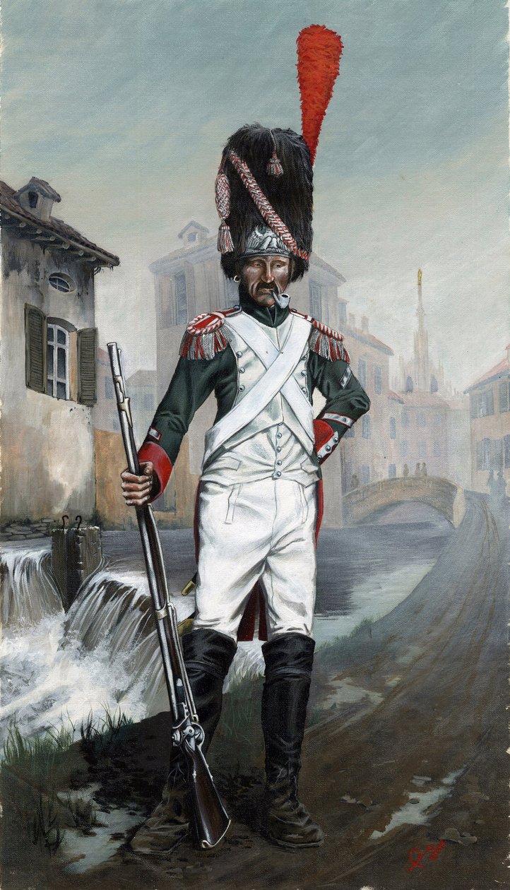 Primer imperio (1804-1814 y 1815): Soldados granaderos italianos cerca del canal de Milán con la catedral al fondo. Dibujo de Alessandro Lonati de Alessandro Lonati