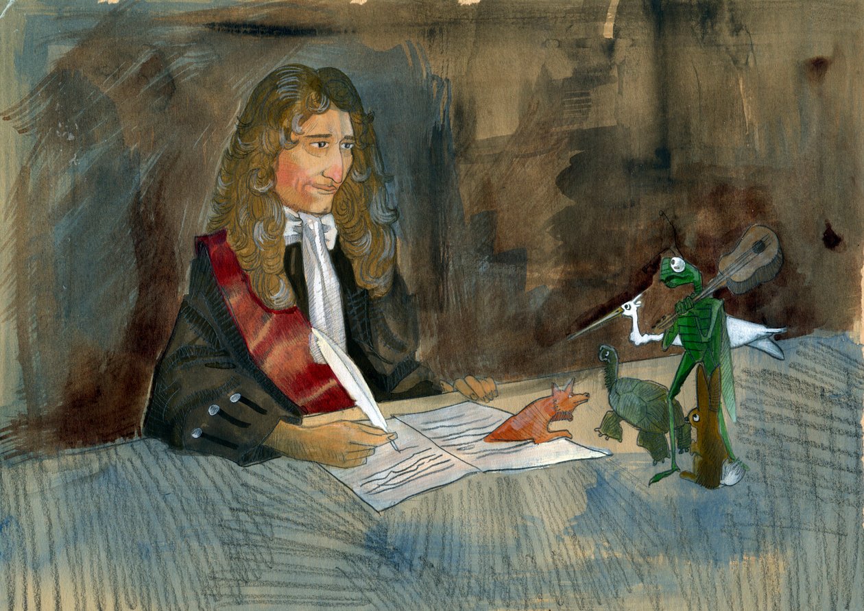El escritor francés Jean de la Fontaine mirando a los personajes de sus fábulas Ilustración de Alessandro Lonati de Alessandro Lonati