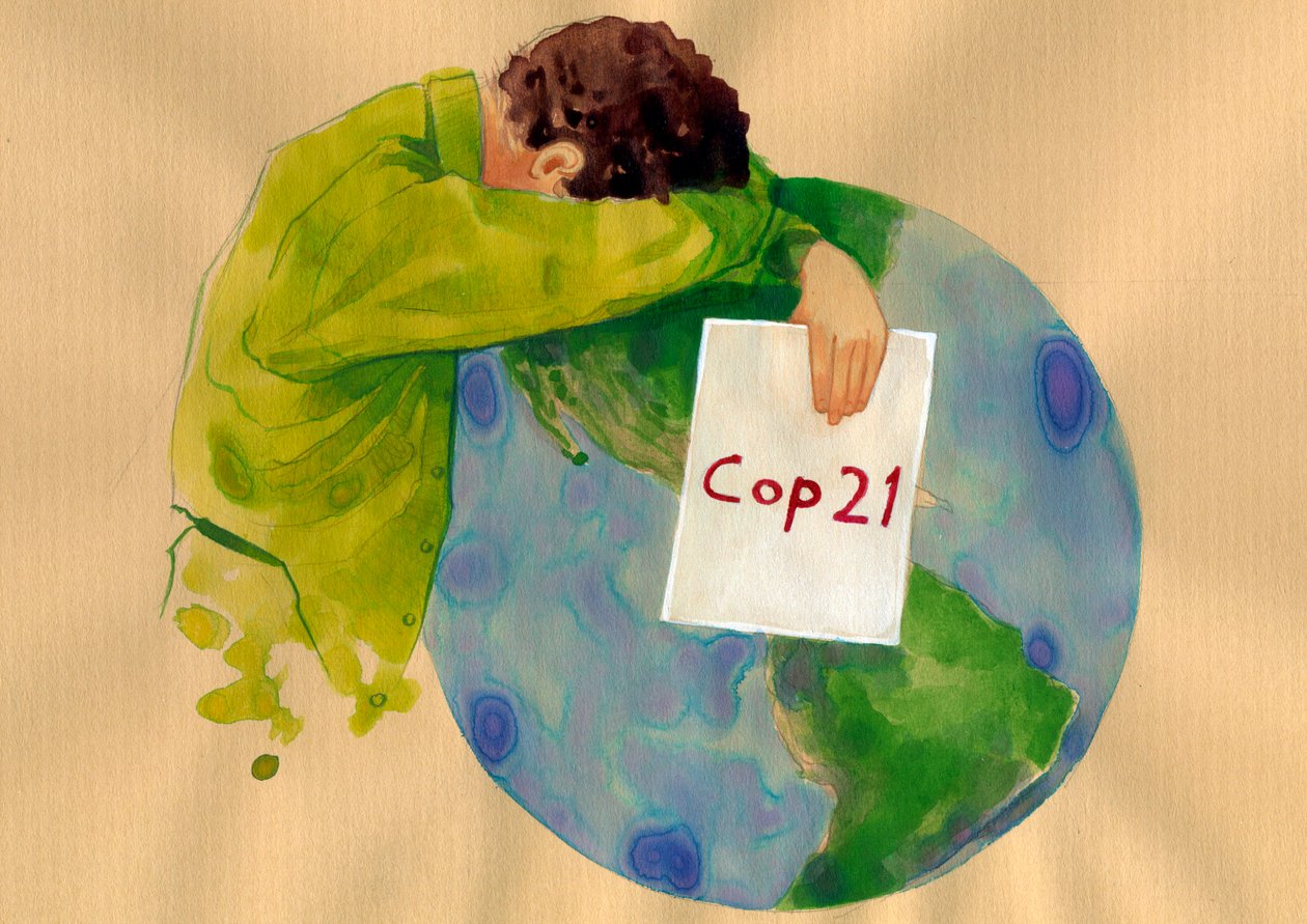 Futuro de la Tierra, un hombre llorando que sostiene en sus manos el cartel de cop 21 (Conferencia de las Naciones Unidas sobre el Cambio Climático de 2015) celebrada en París que debía encontrar soluciones al calentamiento global y la contaminación) Ilust de Alessandro Lonati