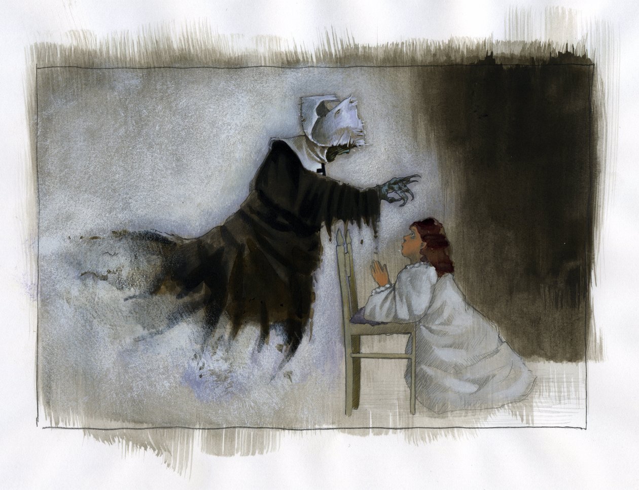 El fantasma de una monja anciana con las manos torcidas se aparece a una niña rezando Ilustración de Alessandro Lonati de Alessandro Lonati