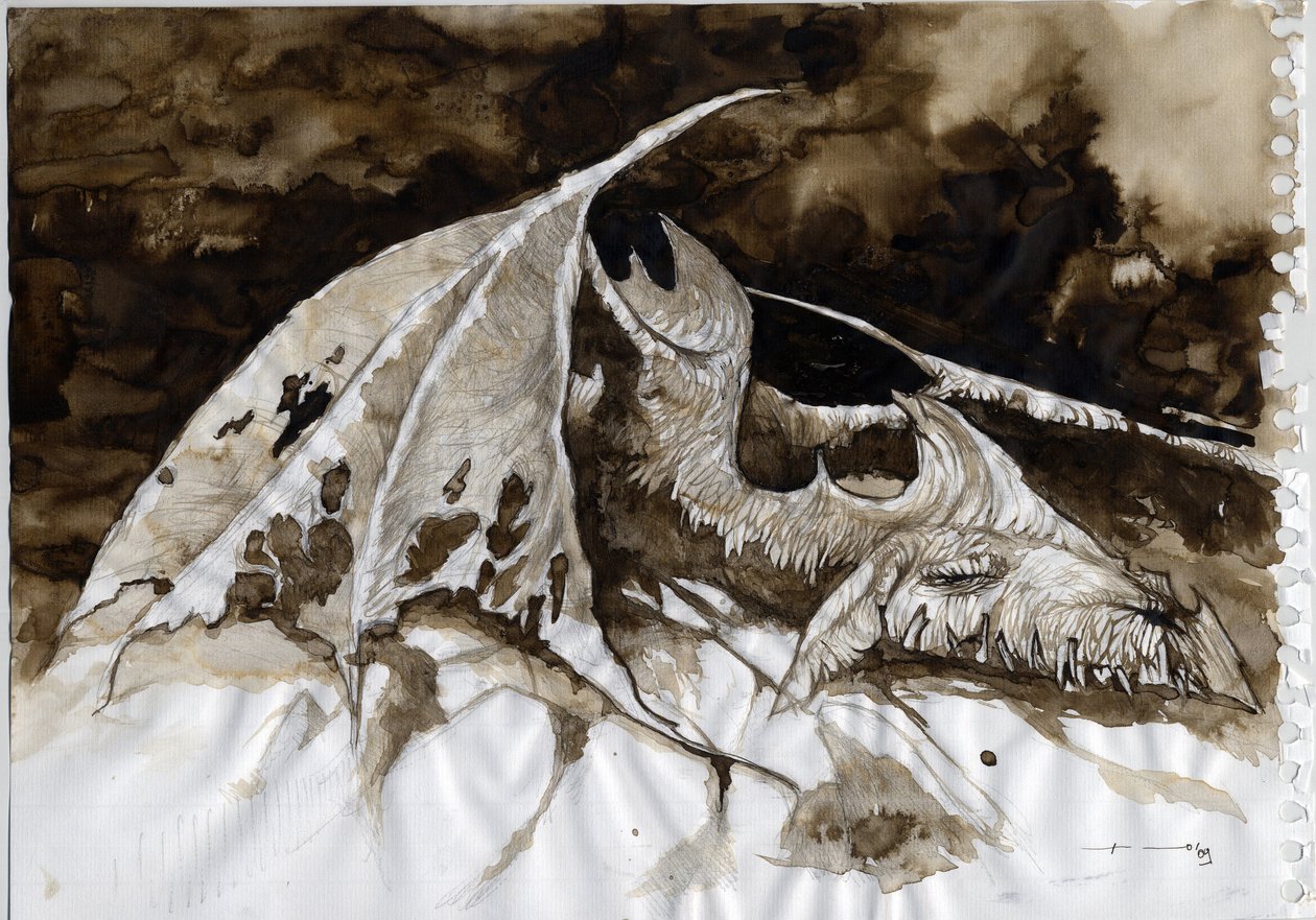 Ilustración de un animal fantástico y legendario: cadáver de dragón. Dibujo en color de Alessandro Lonati. de Alessandro Lonati