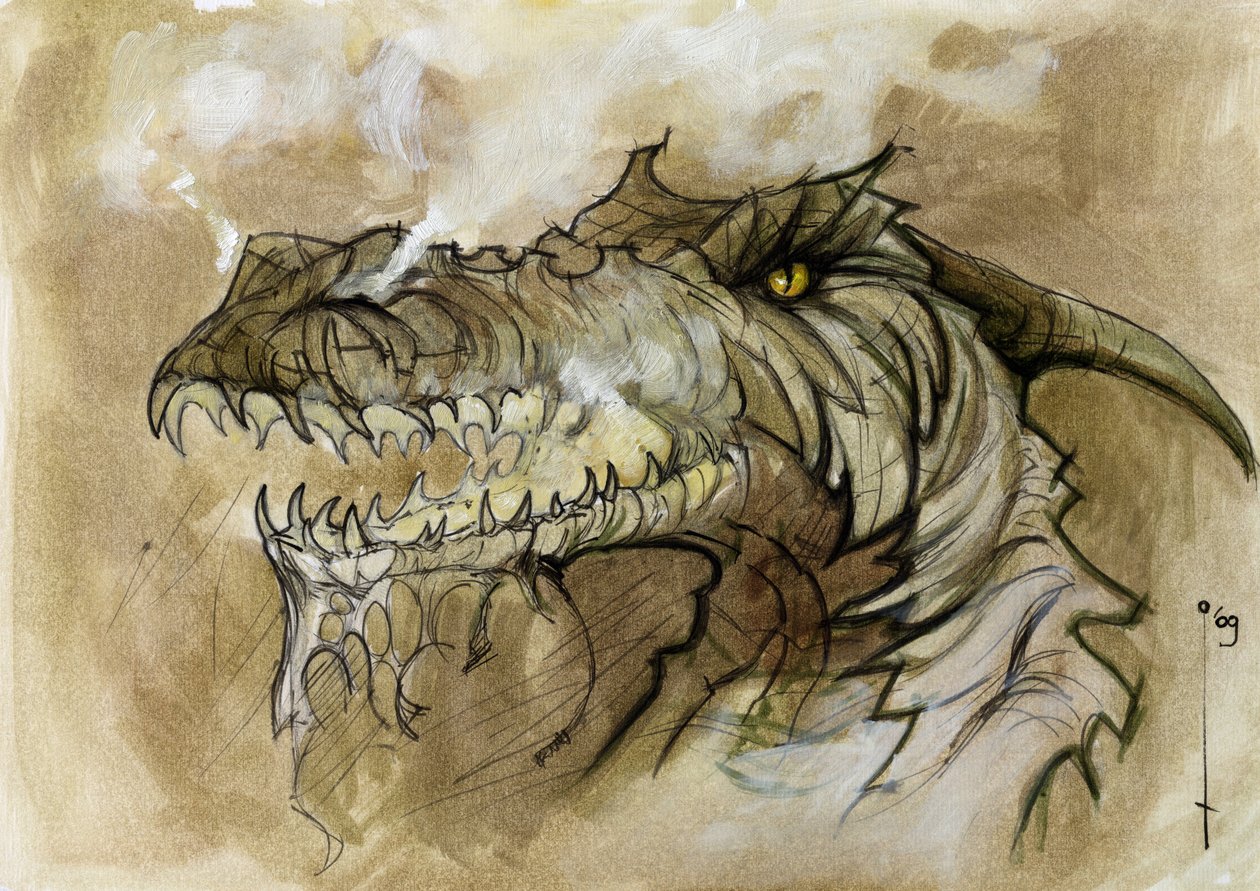 Ilustración de un animal fantástico y legendario: cabeza de dragón rechazando humo por el hocico. Dibujo en color de Alessandro Lonati. de Alessandro Lonati