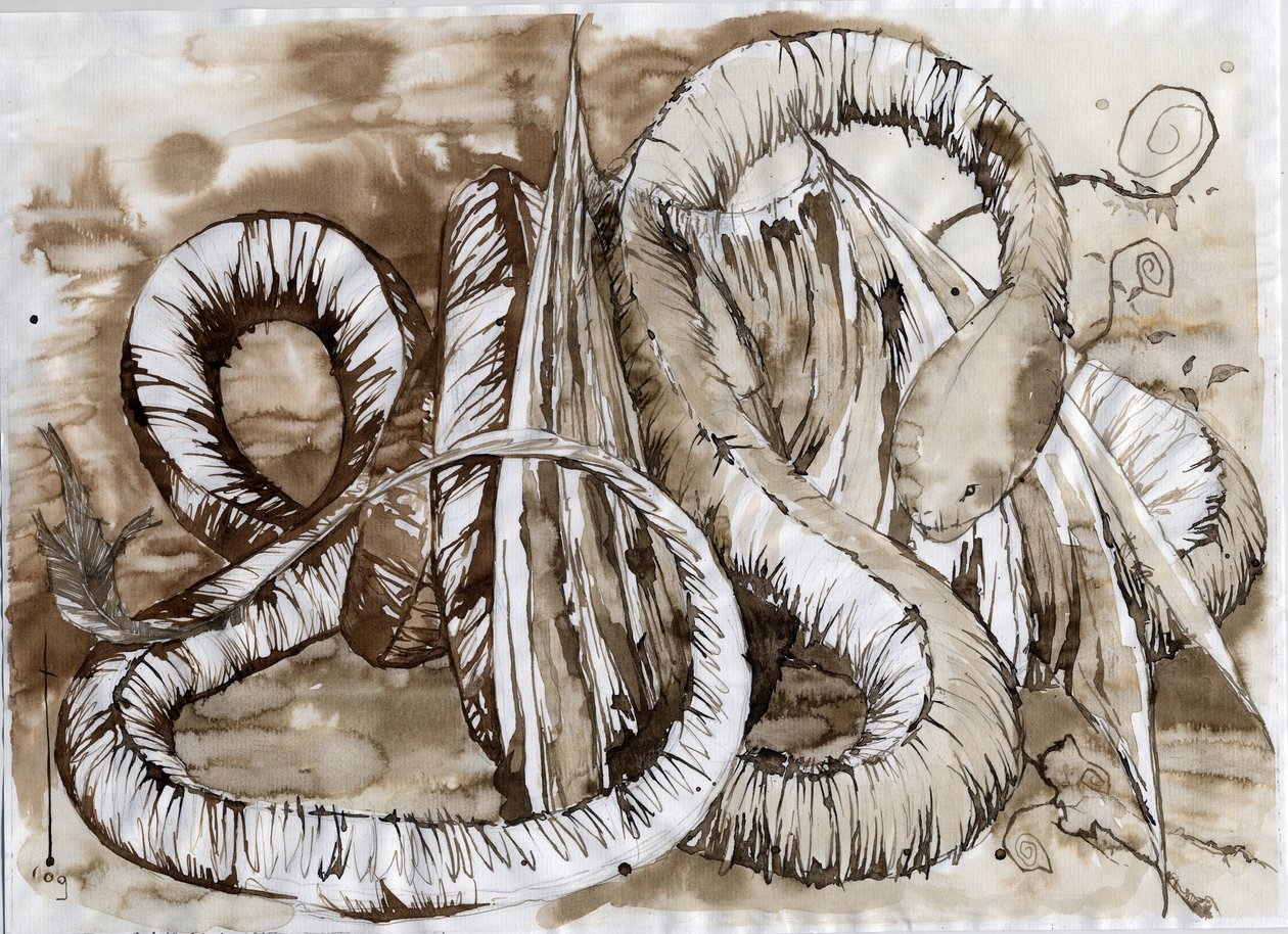 Ilustración de un animal fantástico y legendario: dragón con cuerpo de serpiente. Dibujo en color de Alessandro Lonati. de Alessandro Lonati