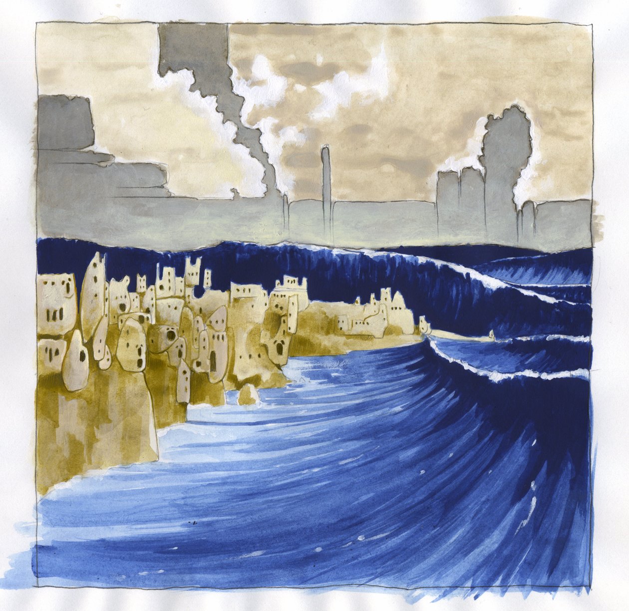 Ilustración del mito de la isla desaparecida bajo el mar de la Atlántida (Atlantis): vista del mar agitado tras la erupción del volcán que inunda la legendaria isla. Dibujo en color de Alessandro Lonati. de Alessandro Lonati