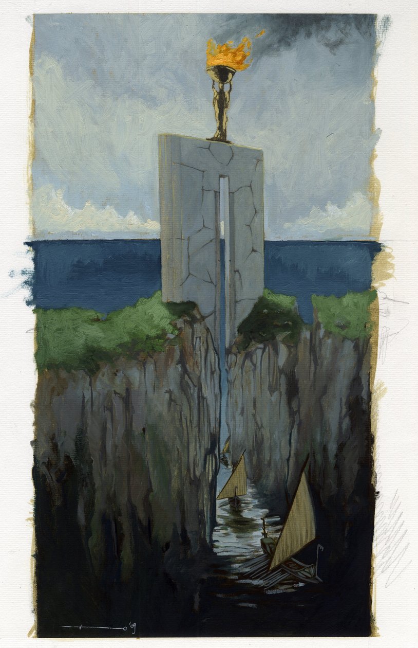 Ilustración del mito de la isla desaparecida bajo el mar de la Atlántida (Atlantis): la puerta de entrada a la ciudad griega de la legendaria isla antes de su desaparición. Los barcos pasan entre dos acantilados. Dibujo en color de Alessandro Lonati. de Alessandro Lonati