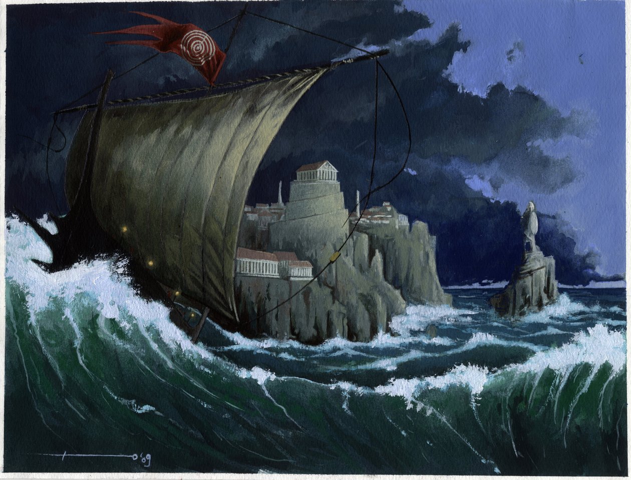 Ilustración del mito de la isla desaparecida bajo el mar de la Atlántida: vista de la ciudad griega de la legendaria isla antes de su desaparición. Dibujo en color de Alessandro Lonati. de Alessandro Lonati