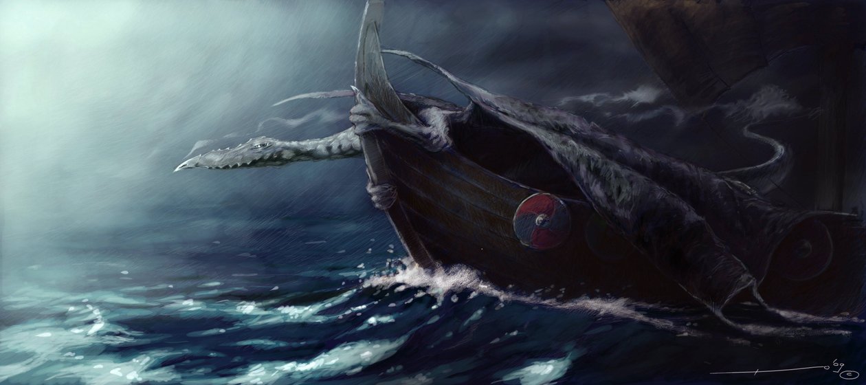 Criatura Legendaria: Dragón atacando a un drakkar (barco vikingo) Dibujo de Alessandro Lonati de Alessandro Lonati