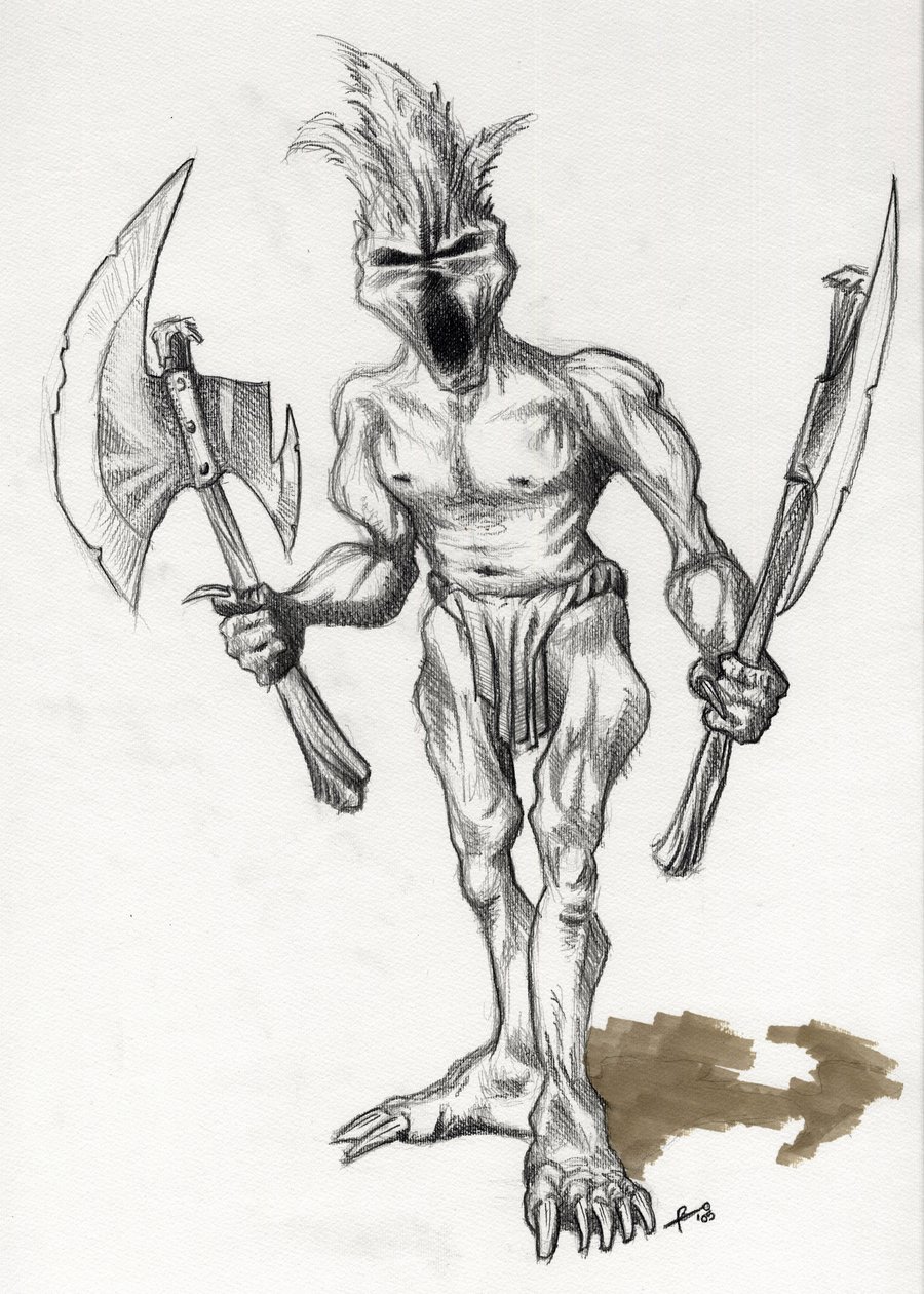 Monstruo legendario para Ilustración de Fantasía: guerrero troll con hachas. Dibujo de Alessandro Lonati de Alessandro Lonati