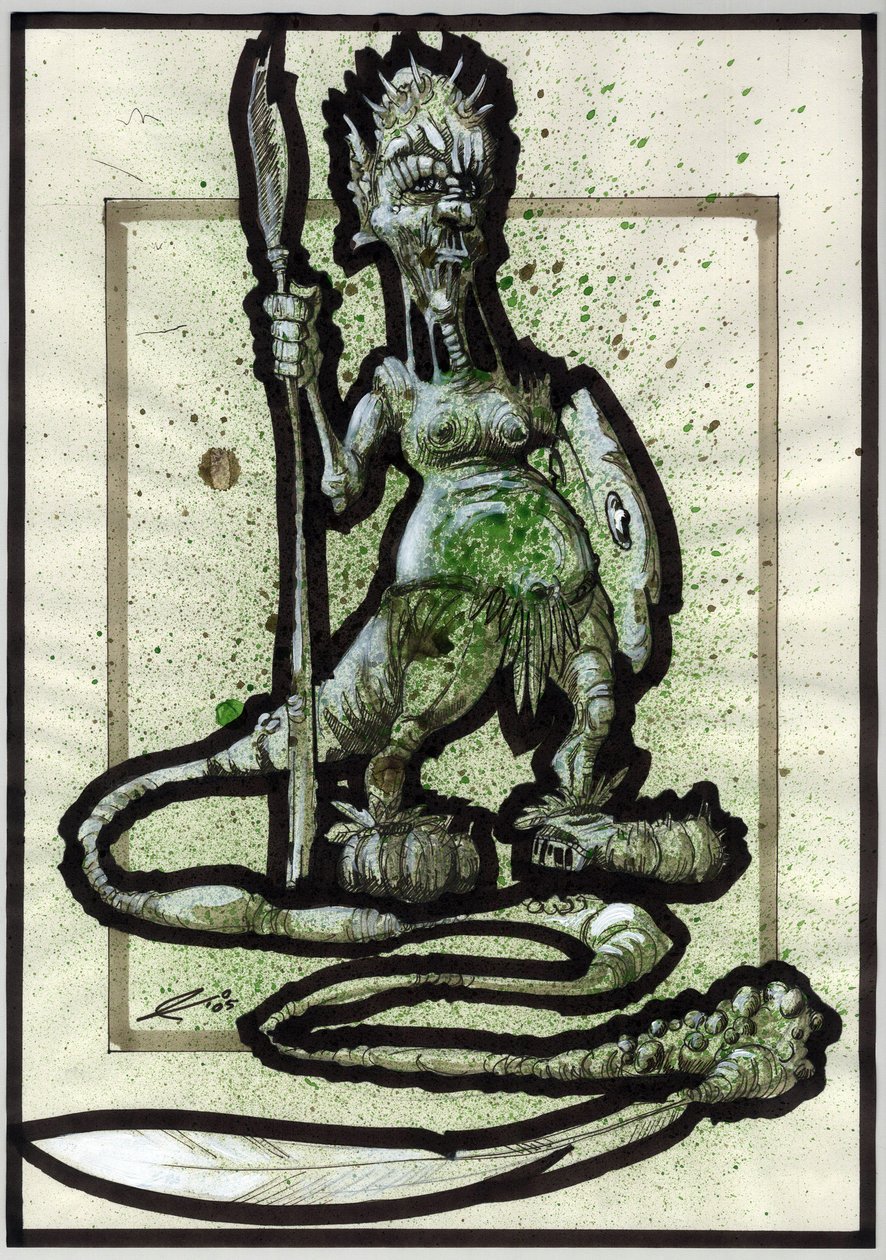 Monstruo legendario para ilustración de Fantasía: rostro de una criatura tribal o guerrero con lanza, escudo y cola de plumas. Dibujo de Alessandro Lonati de Alessandro Lonati