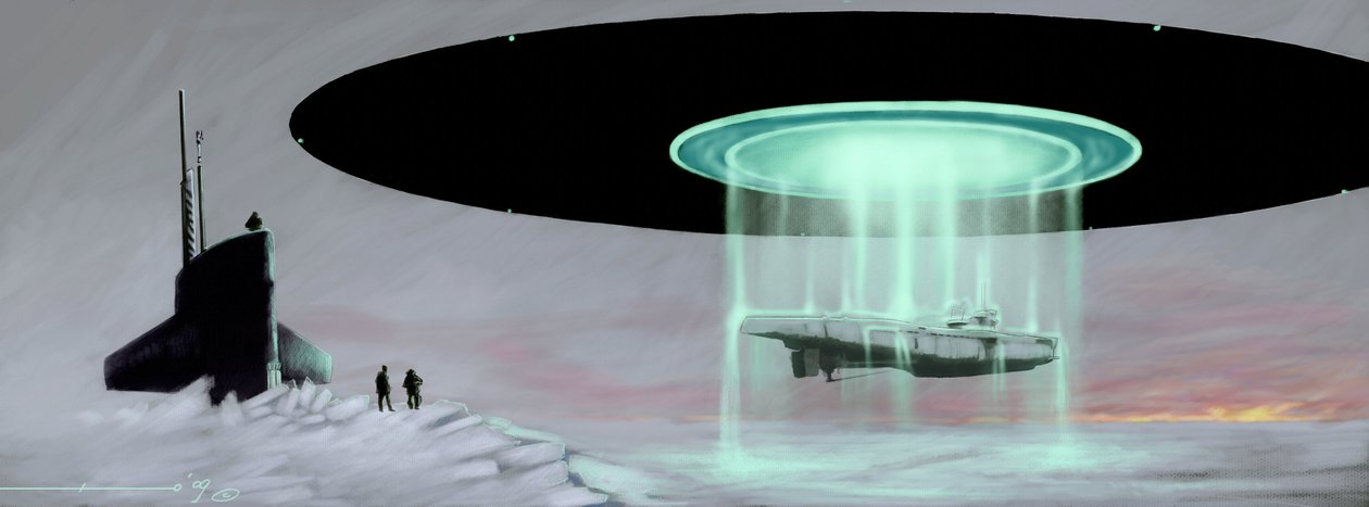 Encuentro en el Polo Norte entre un submarino U-boot y un platillo volante (OVNI, OVNI o extraterrestre) para la restitución de un submarino secuestrado por extraterrestres durante la guerra. Dibujo de Alessandro Lonati de Alessandro Lonati