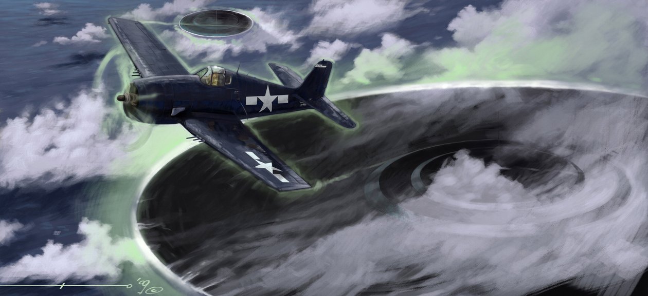 Fenómeno misterioso: representa la desaparición de un avión de la Marina estadounidense en el triángulo de las Bermudas en los años cuarenta. Una leyenda sugiere que sería obra de los ovnis (OVNIS o extraterrestres) aquí representados. Dibujo de Alessandro de Alessandro Lonati