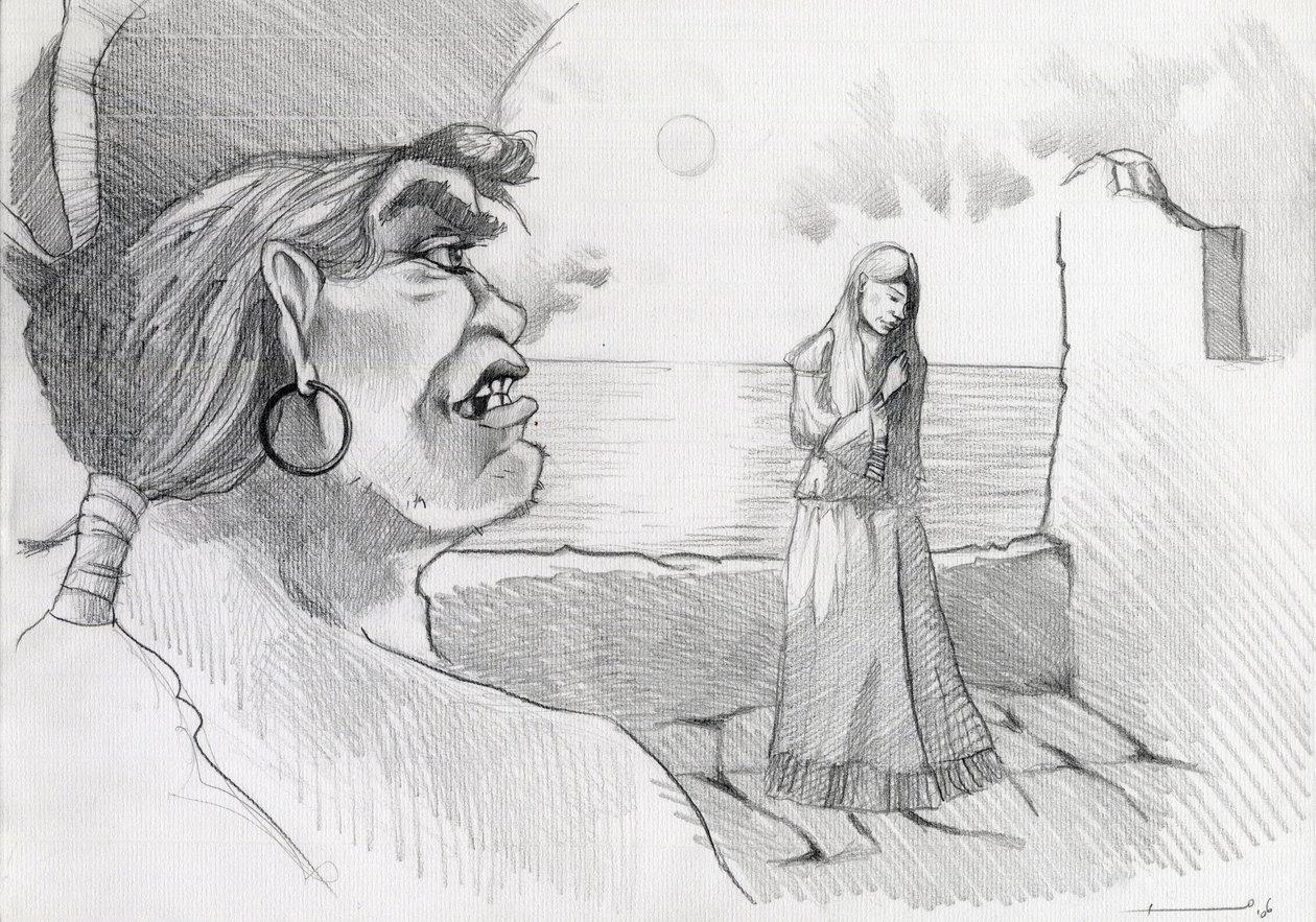 Pirata (corsario) del Caribe amenazando a una dama en una fortaleza. Dibujo de Alessandro Lonati. de Alessandro Lonati