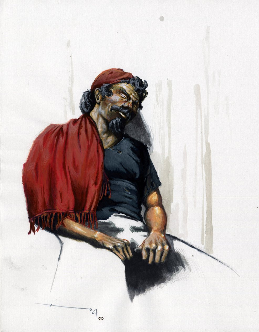 Pirata (corsario) o marinero durmiendo. Dibujo en color de Alessandro Lonati. de Alessandro Lonati