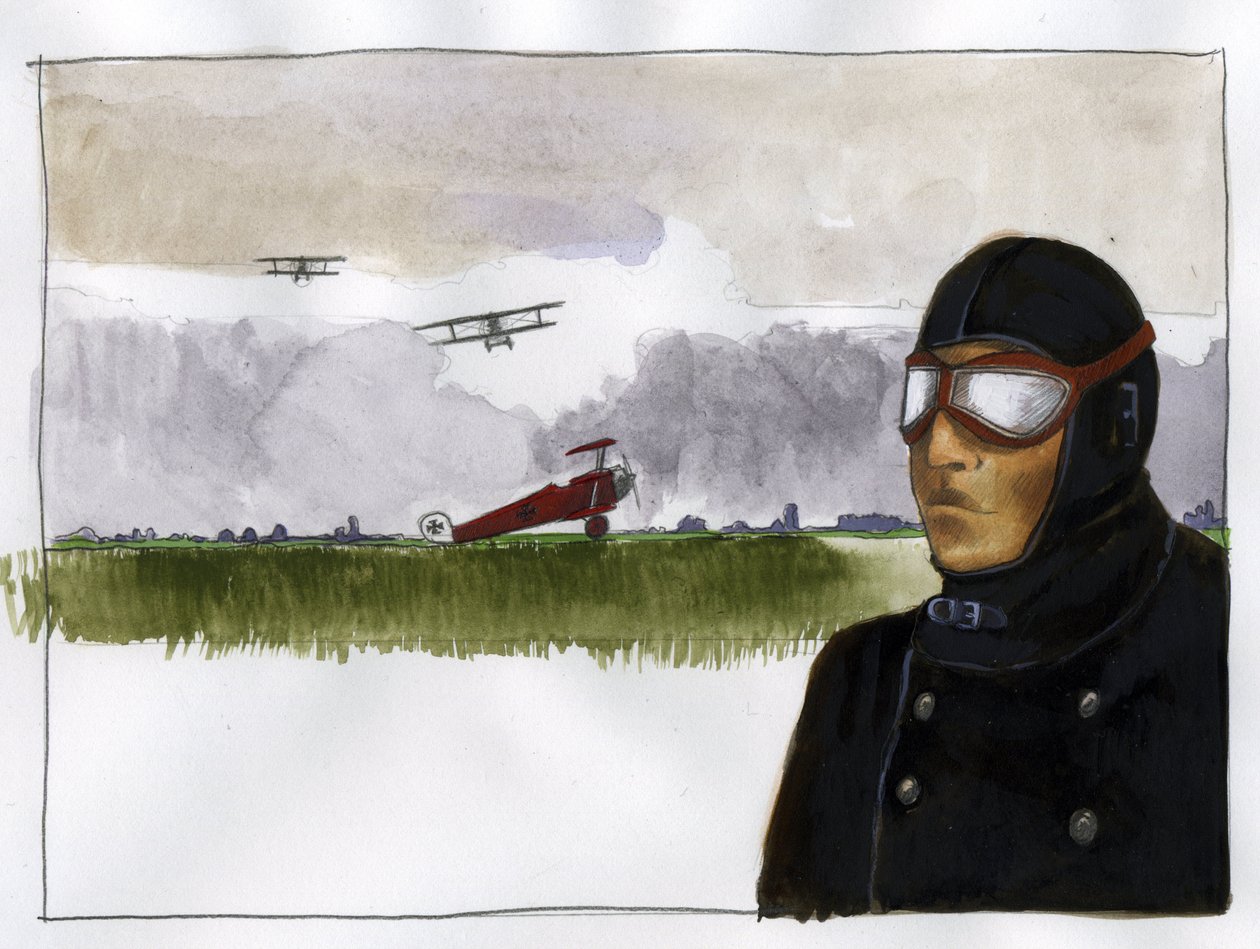 Retrato de Manfred von Richthofen apodado el barón rojo (1892-1918) aviador alemán (Retrato de Manfred von Richthofen, el barón rojo, piloto de caza alemán) Ilustración de Alessandro Lonati de Alessandro Lonati