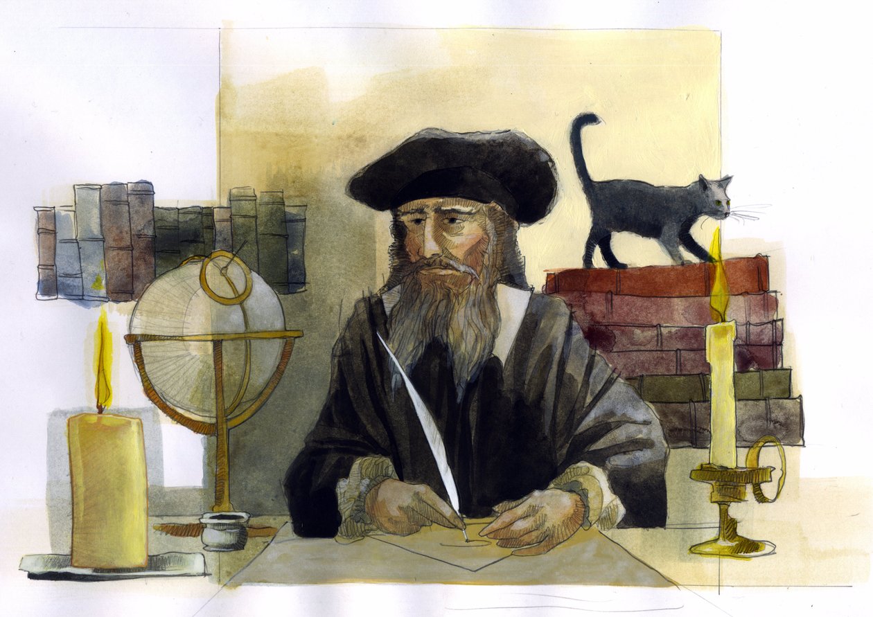 Retrato de Michel de Notre Dame (Nostradamus) astrólogo inglés - Retrato de Nostradamus, Michel de Notre Dame (1503-1566) astrólogo y médico francés Ilustración de Alessandro Lonati de Alessandro Lonati