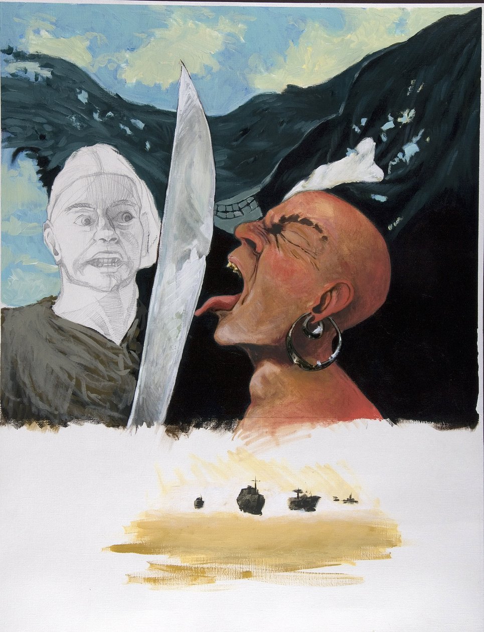 Retrato de un pirata (corsario) desafiando la espada de su adversario tocándole con la lengua con la bandera jolly roger al fondo. Abajo dibujo de estudio para barco fantasma (ghost ship). Dibujo en color de Alessandro Lonati. de Alessandro Lonati