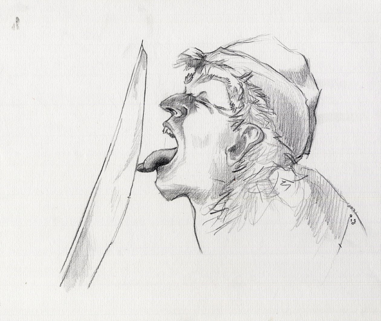 Retrato de un pirata (corsario) que desafía a la espada tocándola con la lengua. Dibujo de Alessandro Lonati. de Alessandro Lonati