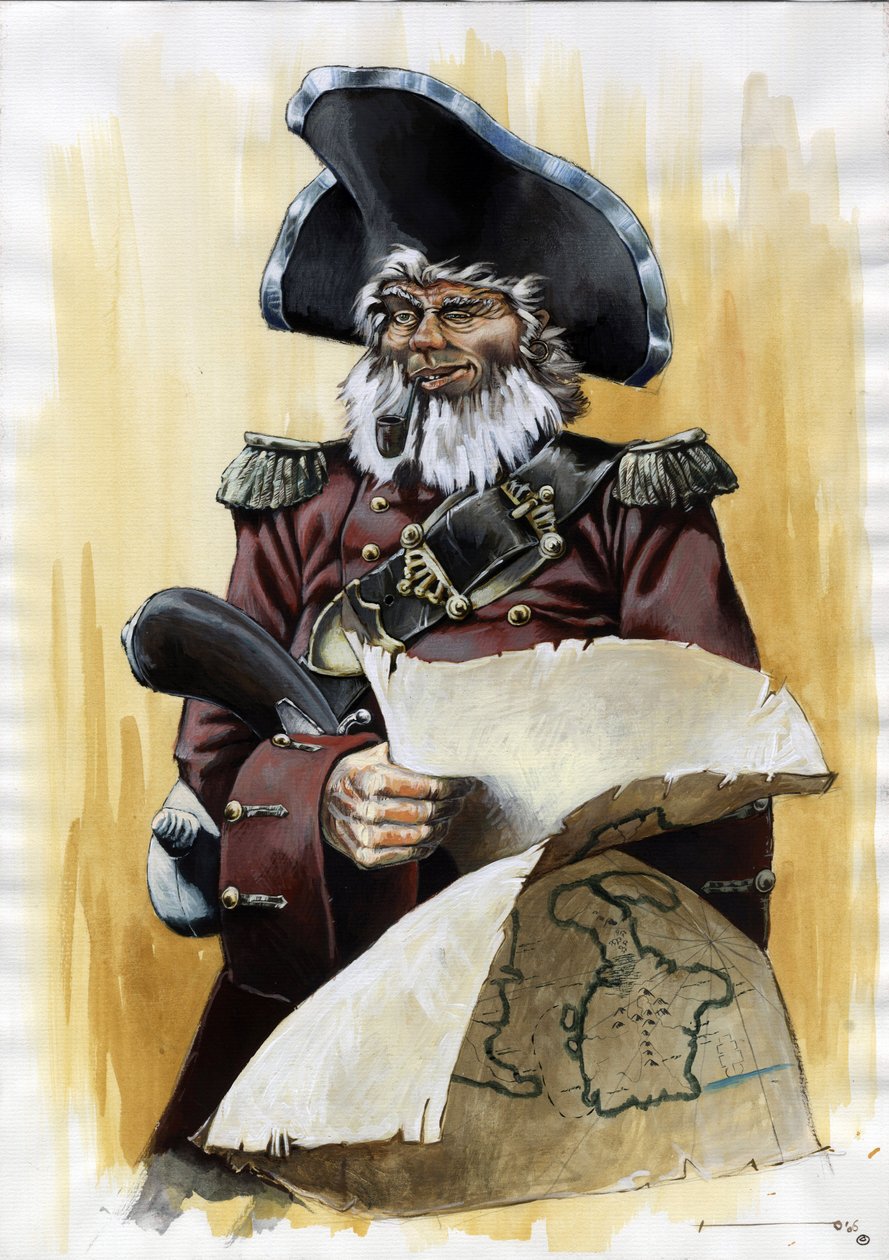 Retrato de un pirata (corsario) o marinero con tricornio y un mapa del tesoro en las manos. Dibujo en color de Alessandro Lonati. de Alessandro Lonati
