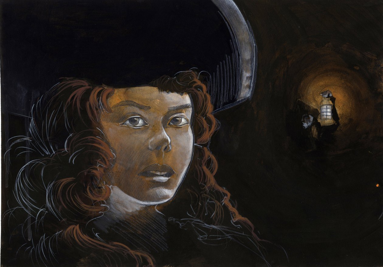 Retrato de una mujer pirata (corsaria) o marinero en la noche, iluminada por el farol de otro pirata. Dibujo en color de Alessandro Lonati. de Alessandro Lonati