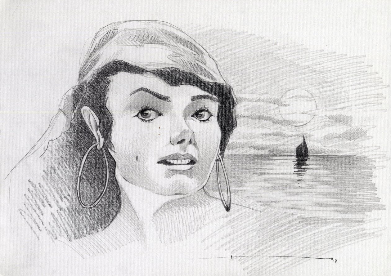 Retrato de una mujer pirata del Caribe (o corsaria), con la puesta de sol en el horizonte. Dibujo de Alessandro Lonati. de Alessandro Lonati