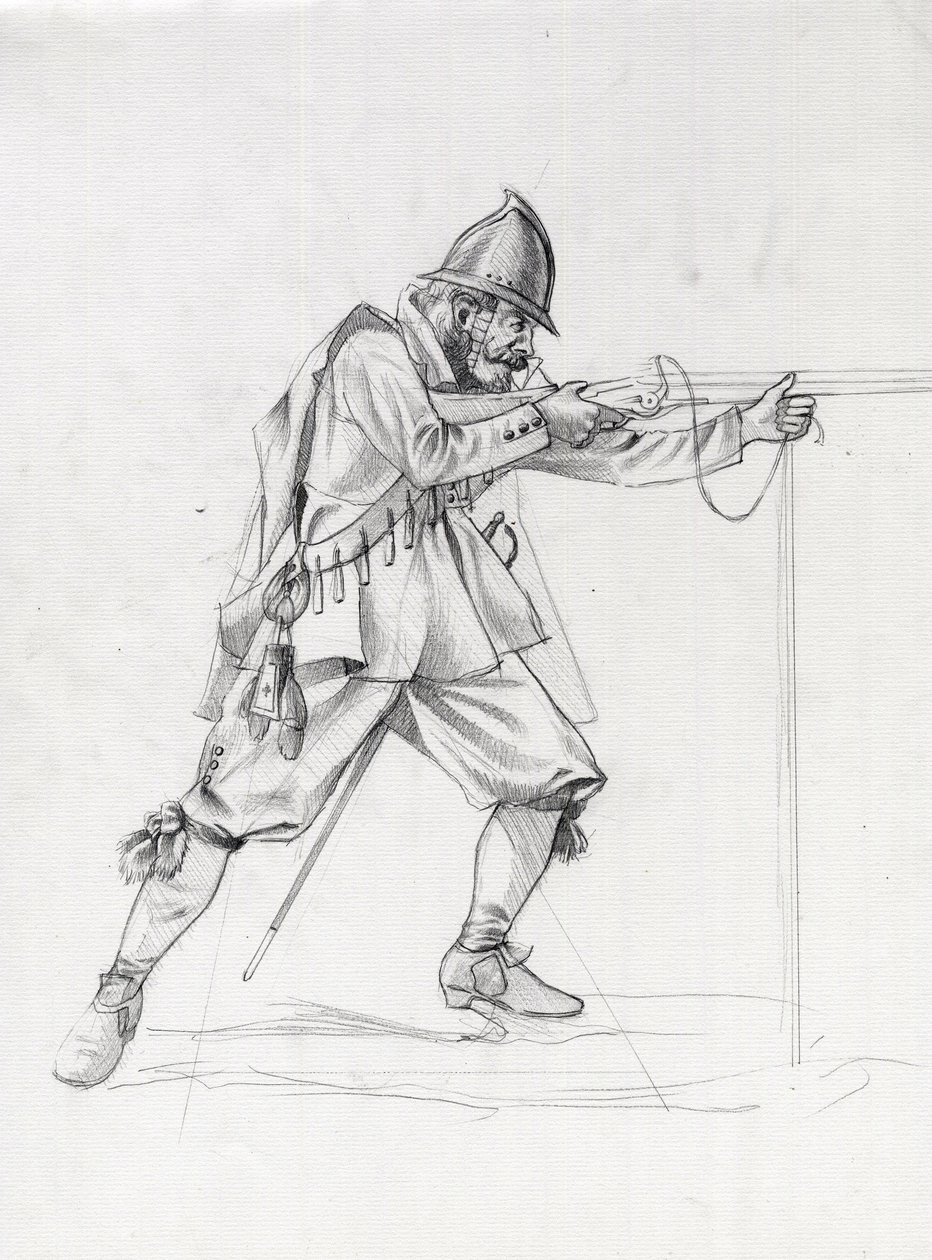 Retrato de un soldado navío del siglo XVII poniéndose en posición de tiro. Dibujo de Alessandro Lonati. de Alessandro Lonati