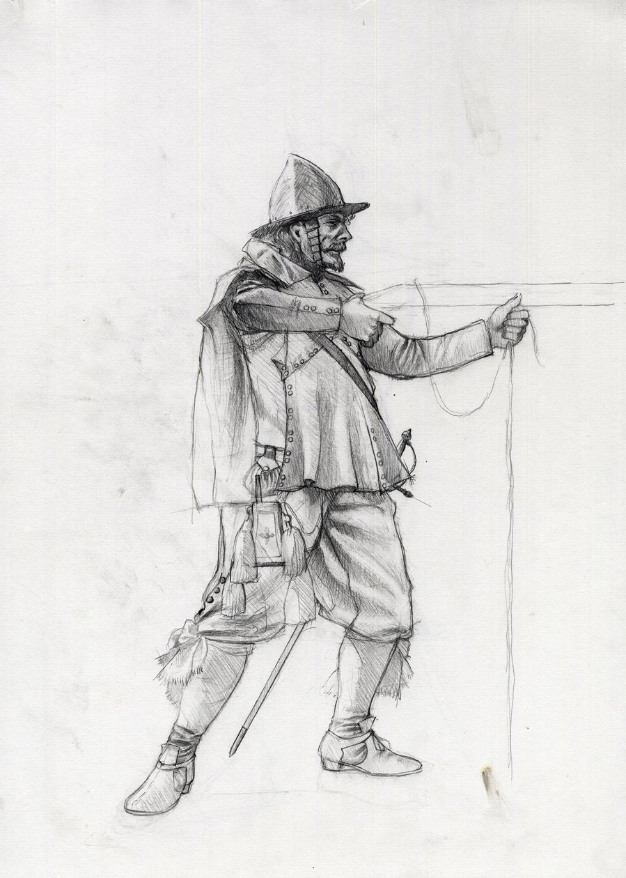 Retrato de un soldado navío del siglo XVII poniéndose en posición de tiro. Dibujo de Alessandro Lonati. de Alessandro Lonati