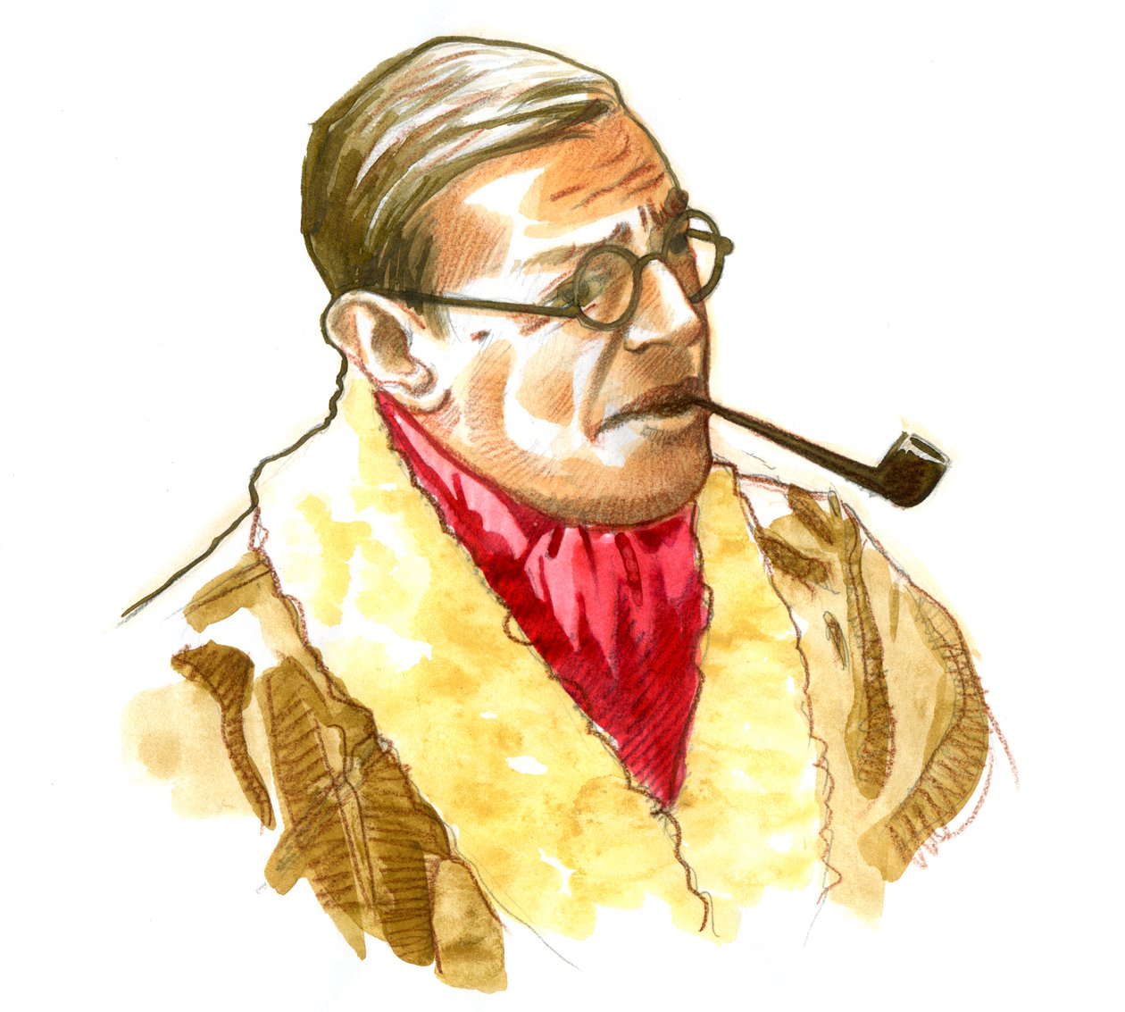 Retrato del escritor, filósofo y dramaturgo francés Jean-Paul (Jean Paul) Sartre Dibujo de Alessandro Lonati
