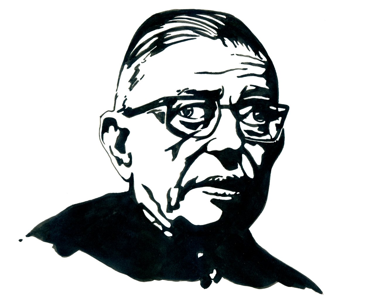 Retrato del escritor, filósofo y dramaturgo francés Jean-Paul (Jean Paul) Sartre Dibujo de Alessandro Lonati