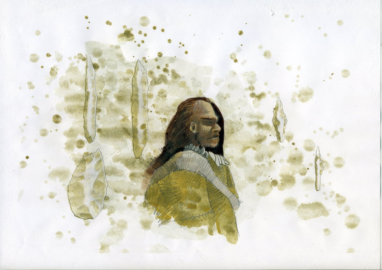 Prehistoria: El hombre de Neandertal con herramientas de sílex Ilustración de Alessandro Lonati de Alessandro Lonati