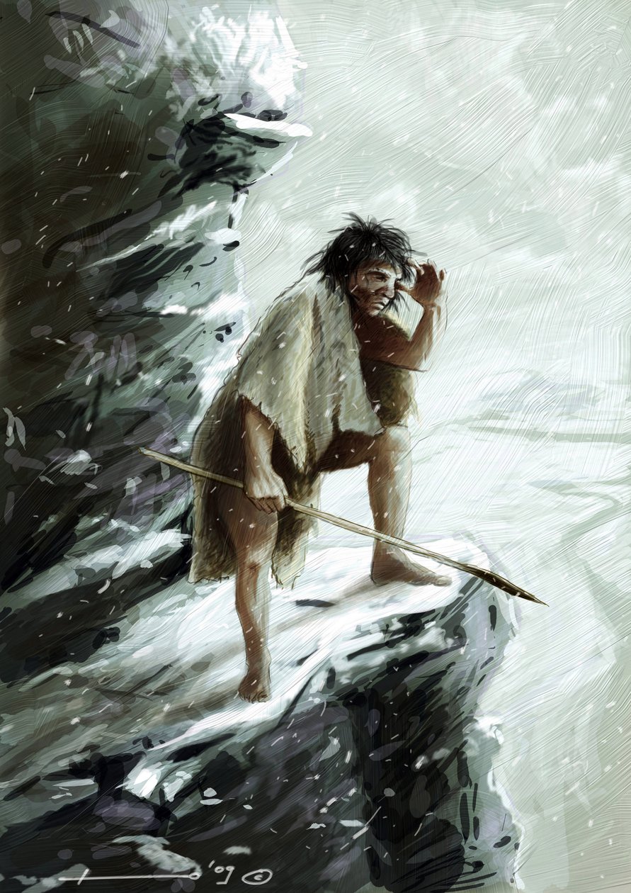 Prehistoria: un hombre de Neandertal (Neanderthal o Neandertal: Homo sapiens), bajo la nieve, posado en una roca mira al horizonte. Dibujo de Alessandro Lonati de Alessandro Lonati