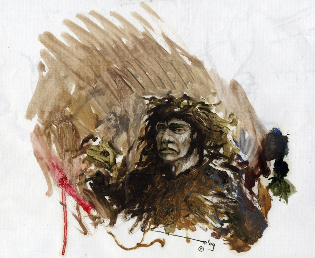 Prehistoria: representación de un hombre de Neandertal o Neandertal en el Paleolítico Medio. Dibujo de Alessandro Lonati de Alessandro Lonati