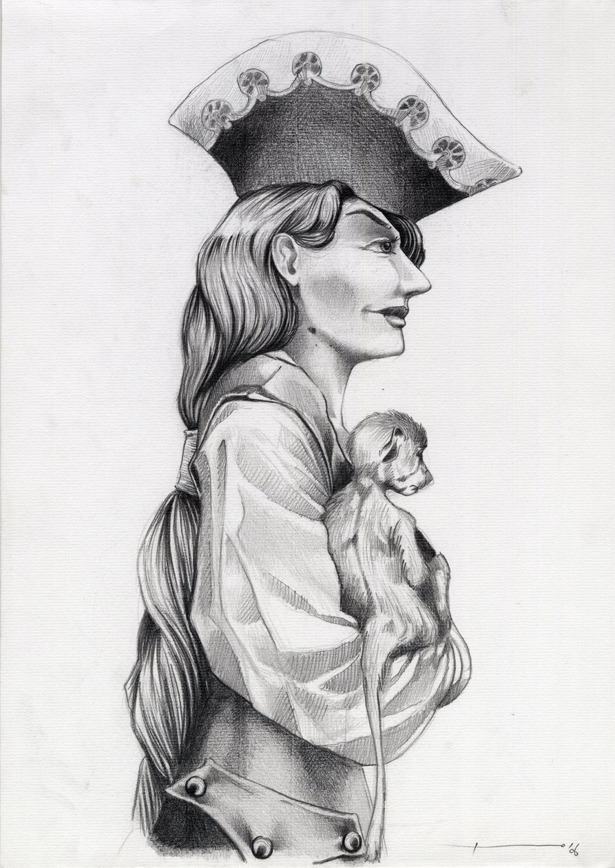 Retrato de perfil de una mujer pirata del Caribe (corsaria), con monito en brazos. Dibujo de Alessandro Lonati. de Alessandro Lonati