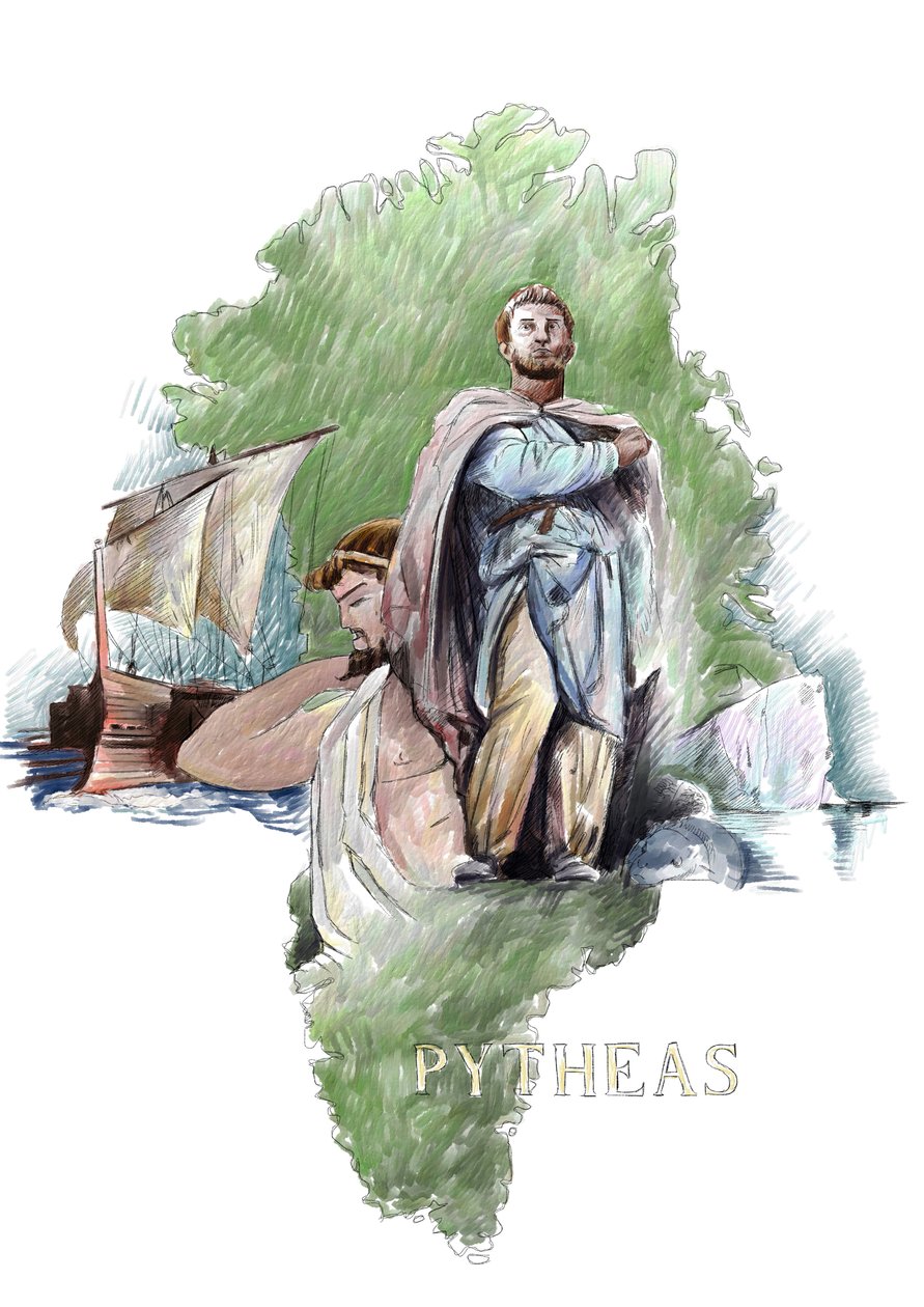 Representación de Piteas explorador griego de Massalia, siglo IV a.C. (Retrato de Piteas de Massalia geógrafo y explorador griego, siglo IV a.C.) Ilustración de Alessandro Lonati de Alessandro Lonati