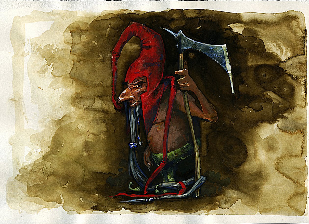 Representación de un Red Cap (Red cap, powrie o dunter, Red-Bonnet) legendaria criatura malévola de la familia de los Goblins del folclore británico - (redcap, enano asesino malévolo, goblin, duende o hada que se encuentra en el Folclore Fronterizo) Ilustr de Alessandro Lonati
