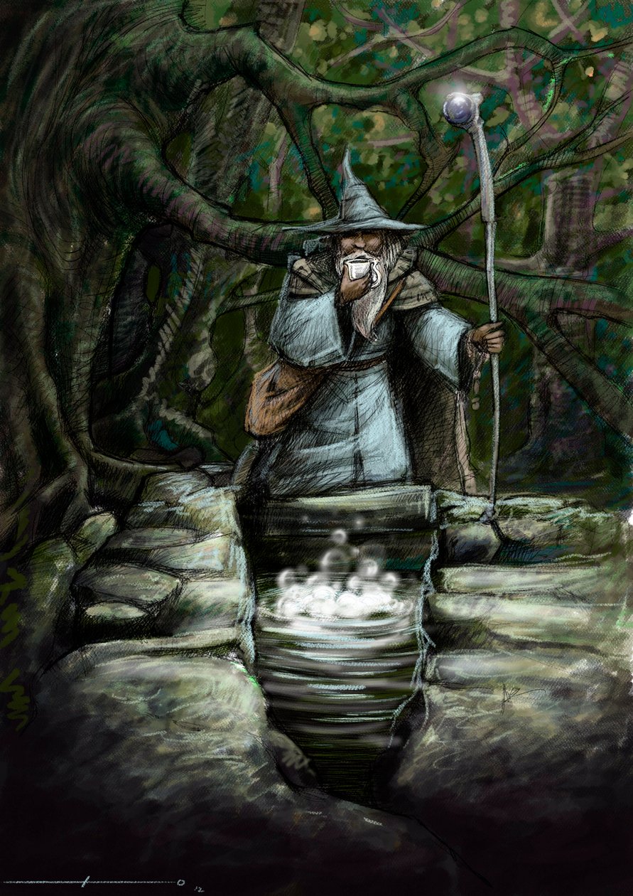Representación de un druida bebiendo en la maravillosa fuente de Barenton, en el bosque de Broceliande - Ilustración de Alessandro Lonati - 2012 - de Alessandro Lonati