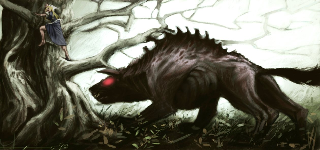 Representación de la legendaria bete de Gévaudan atacando a una niña encaramada a un árbol. Ilustración de Alessandro Lonati, 2010. de Alessandro Lonati