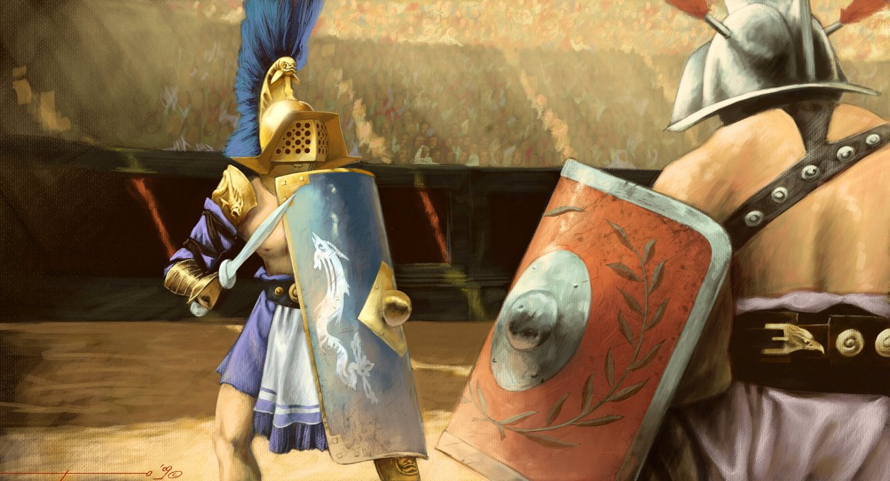 Arte romano: duelo de gladiadores entre un gladiador mirmillo (izquierda) y un tracio en un anfiteatro. Dibujo de Alessandro Lonati de Alessandro Lonati
