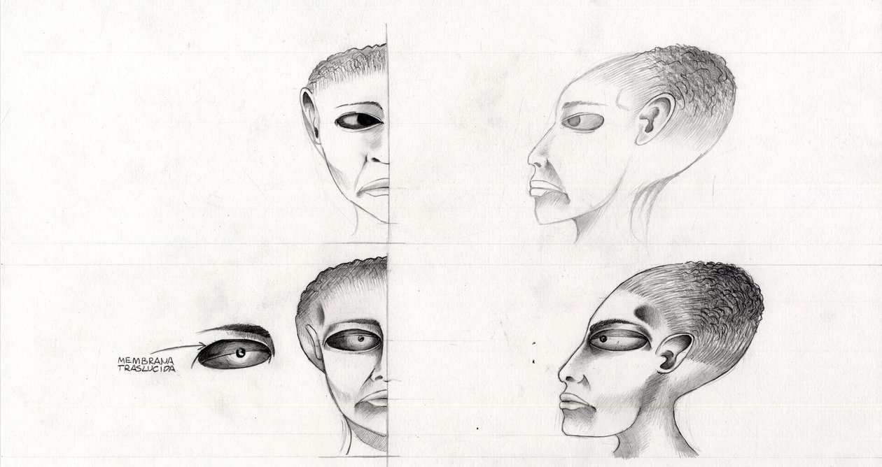 Ilustración de ciencia ficción (ciencia ficción): estudio del rostro de un extraterrestre o alienígena (alienígena o alien) del planeta Marte a la conquista del espacio o universo. Dibujo de Alessandro Lonati de Alessandro Lonati