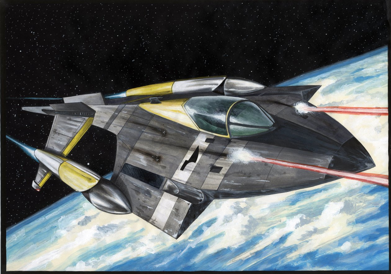 Ilustración de ciencia ficción: Nave espacial con la conquista del espacio o universo lanza rayos láser sobre el planeta Tierra. Dibujo de Alessandro Lonati de Alessandro Lonati