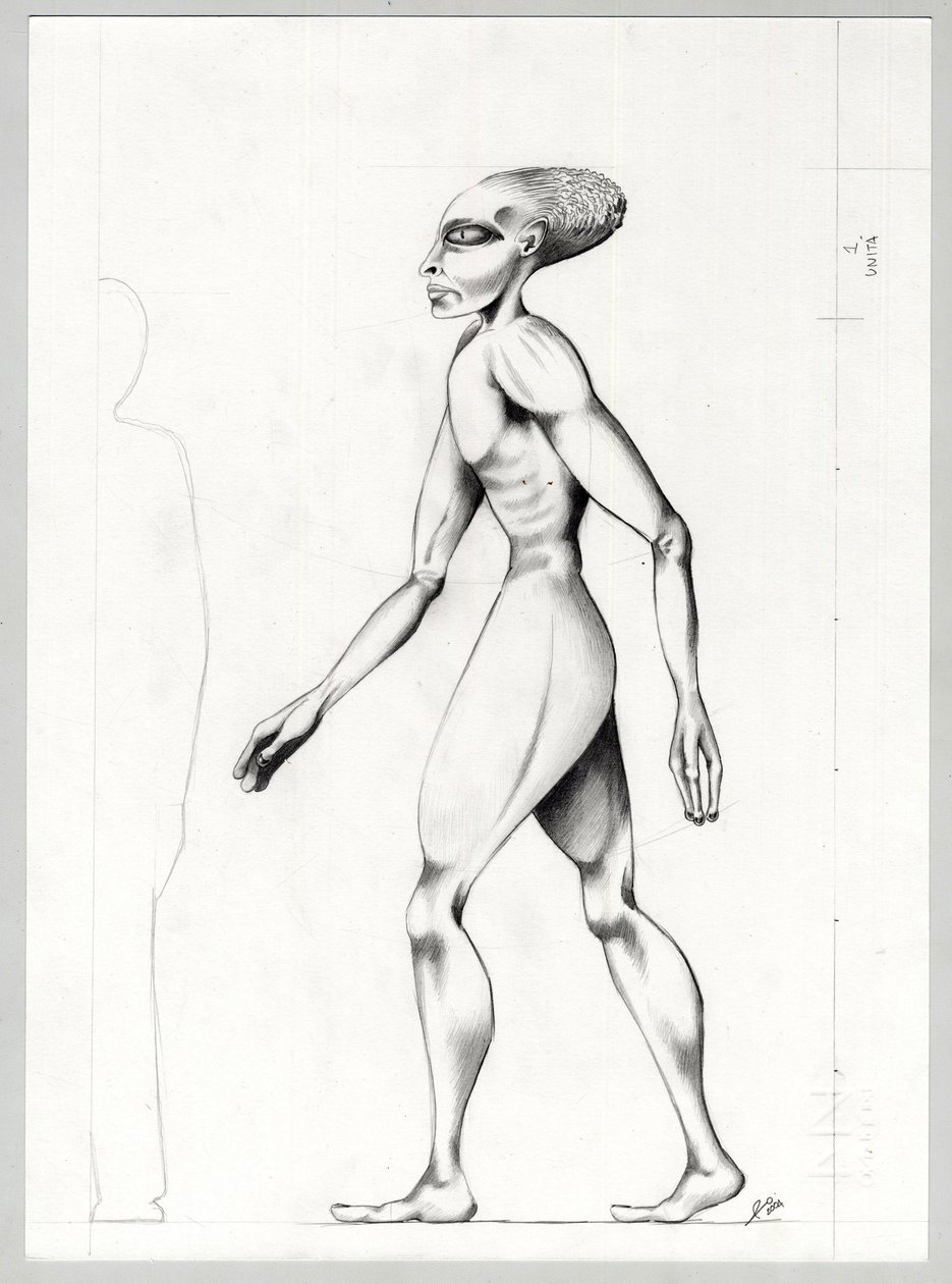 Ilustración de ciencia ficción: un extraterrestre o alienígena del planeta Marte a la conquista del espacio o universo. Dibujo de Alessandro Lonati de Alessandro Lonati
