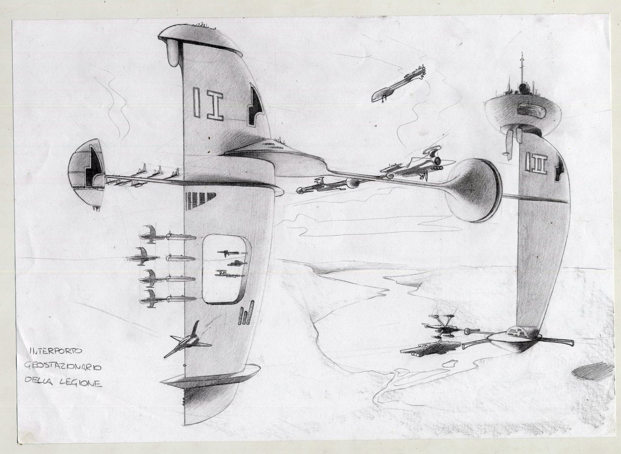 Ilustración de ciencia ficción: base espacial en el universo con naves. Dibujo de Alessandro Lonati de Alessandro Lonati