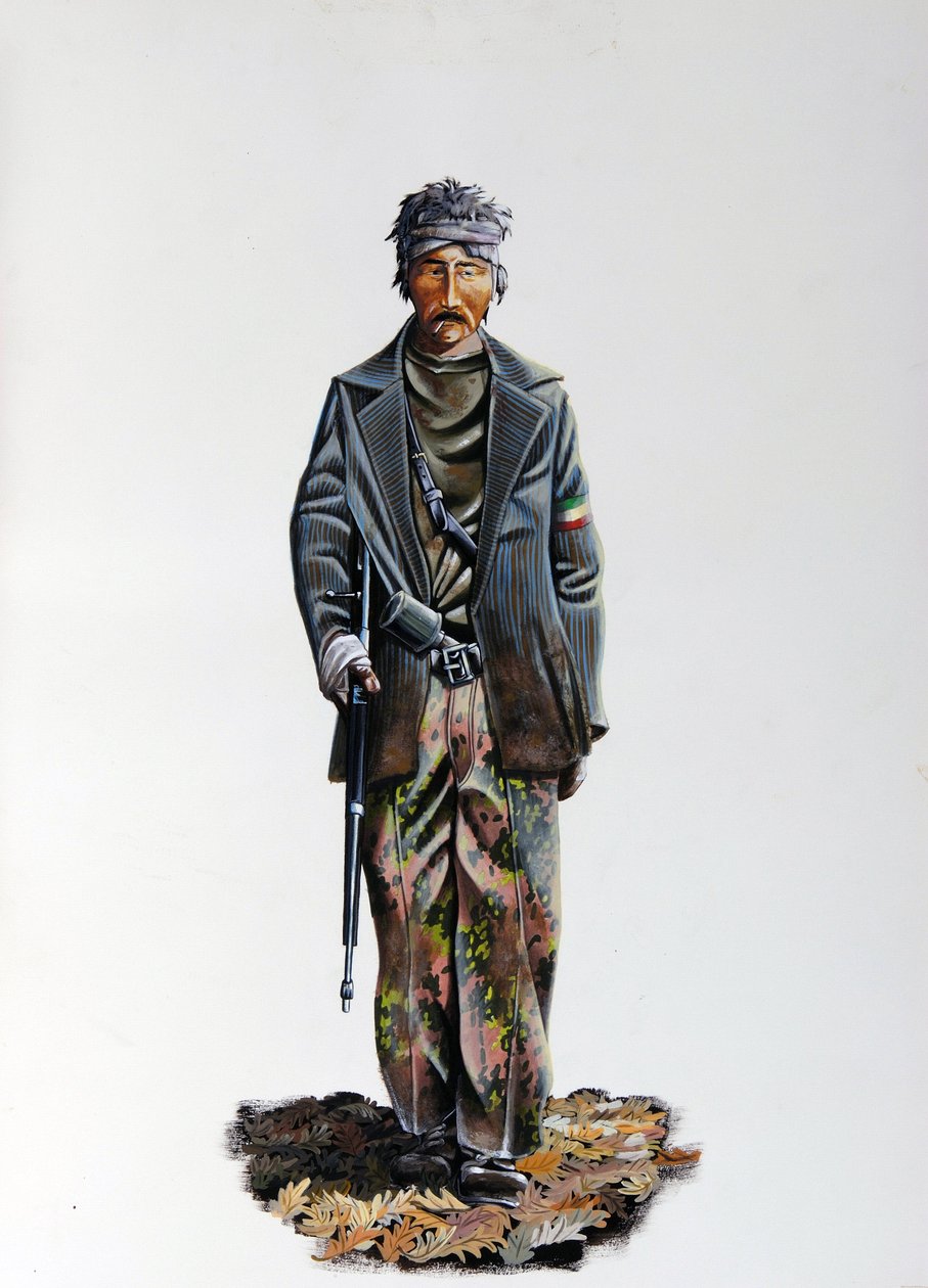 Segunda Guerra Mundial: un miembro de la Resistencia Italiana (maquis o guerrilleros, partisanos) (Resistenza Italiana), con traje de camuflaje y arma con ametralladora. 1943-1945. Ilustración de Alessandro Lonati de Alessandro Lonati