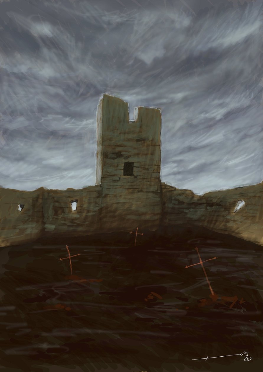Tumbas de un cementerio abandonadas entre las ruinas. Dibujo de Alessandro Lonati de Alessandro Lonati
